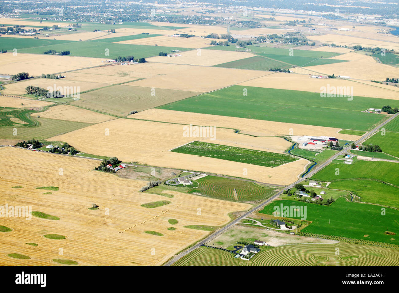 Una veduta aerea di terreni agricoli con perno centrale degli sprinkler e agricoli ed altri metodi di irrigazione. Foto Stock
