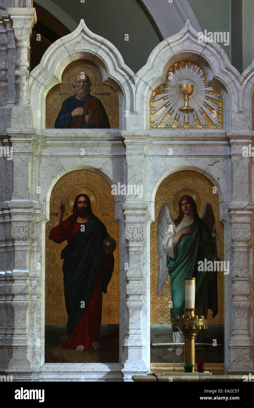 Gesù Cristo e l'Arcangelo Gabriele. Icone dell'iconostasi in marmo della chiesa russo-ortodossa di Dresda, in Germania. Foto Stock