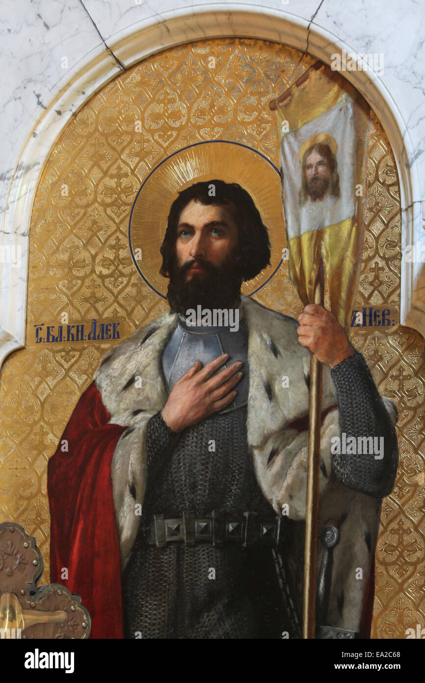 Saint Alexander Nevsky. Icona nell'iconostasi in marmo della chiesa ortodossa russa a Dresda in Sassonia, Germania. Foto Stock