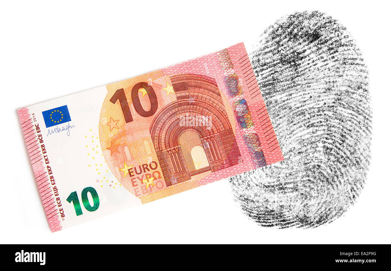 Nuovo dieci euro nota non lascia impronte digitali di fronte a uno sfondo bianco Foto Stock