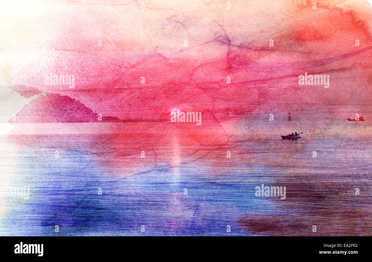 Bellissimo acquerello retrò tramonto sul mare con Sun Foto Stock