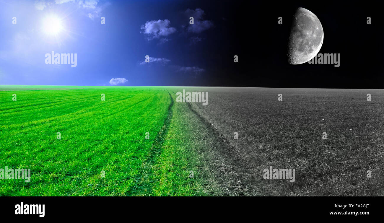 Di giorno e di notte immagine concettuale. Campo verde di giorno e di notte. Foto Stock