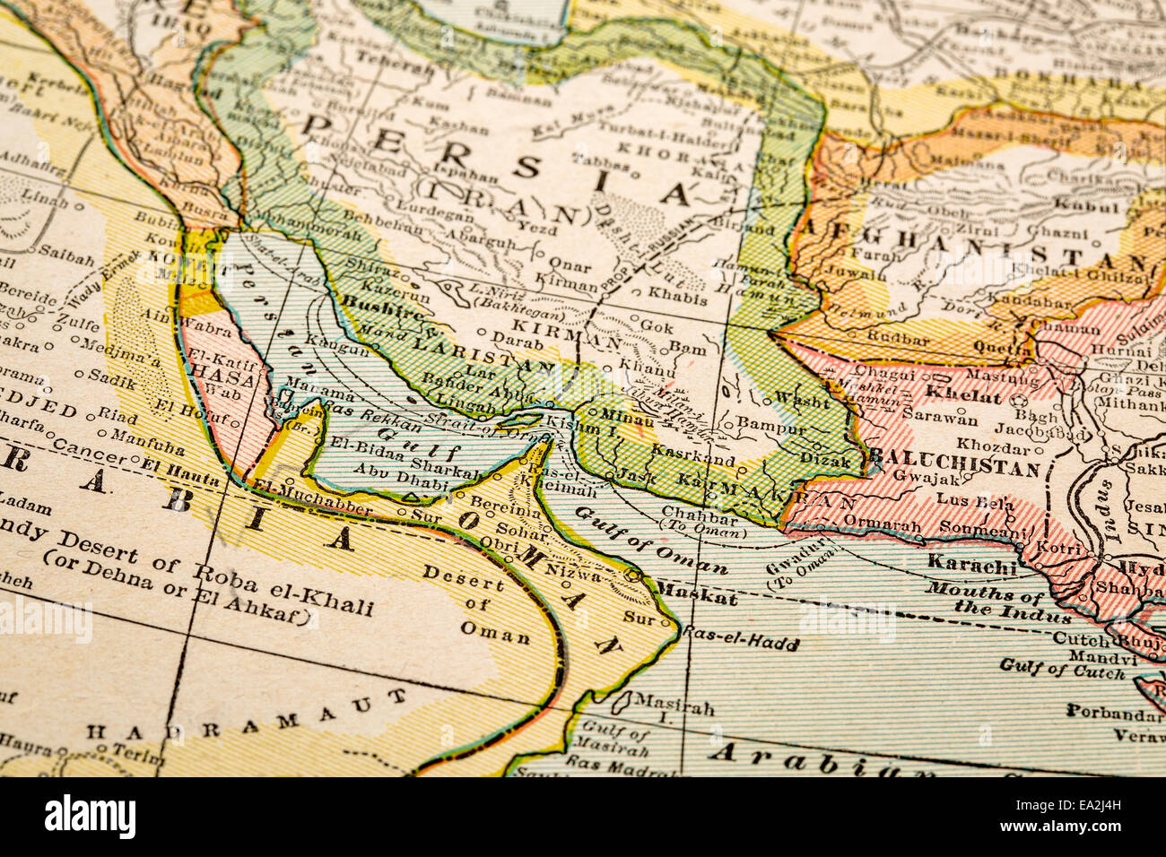 Zona del Golfo Persico a su vintage 1920s mappa, il fuoco selettivo (stampato nel 1926 - Copyright scaduto). Foto Stock