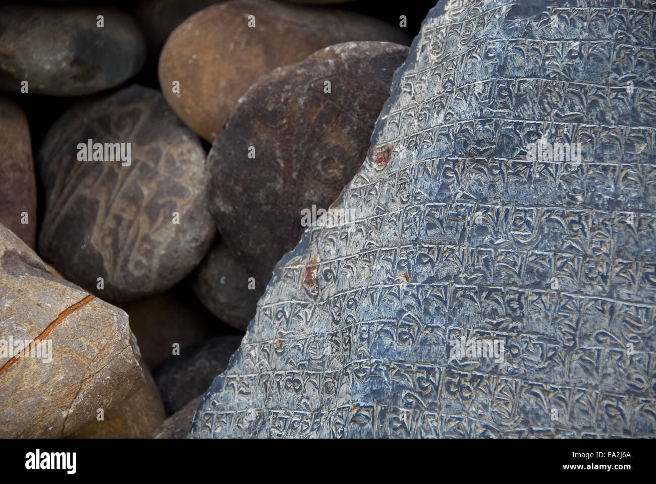 Mantra incisi nelle rocce presso il famoso monastero di tabo in spiti valley in India Foto Stock