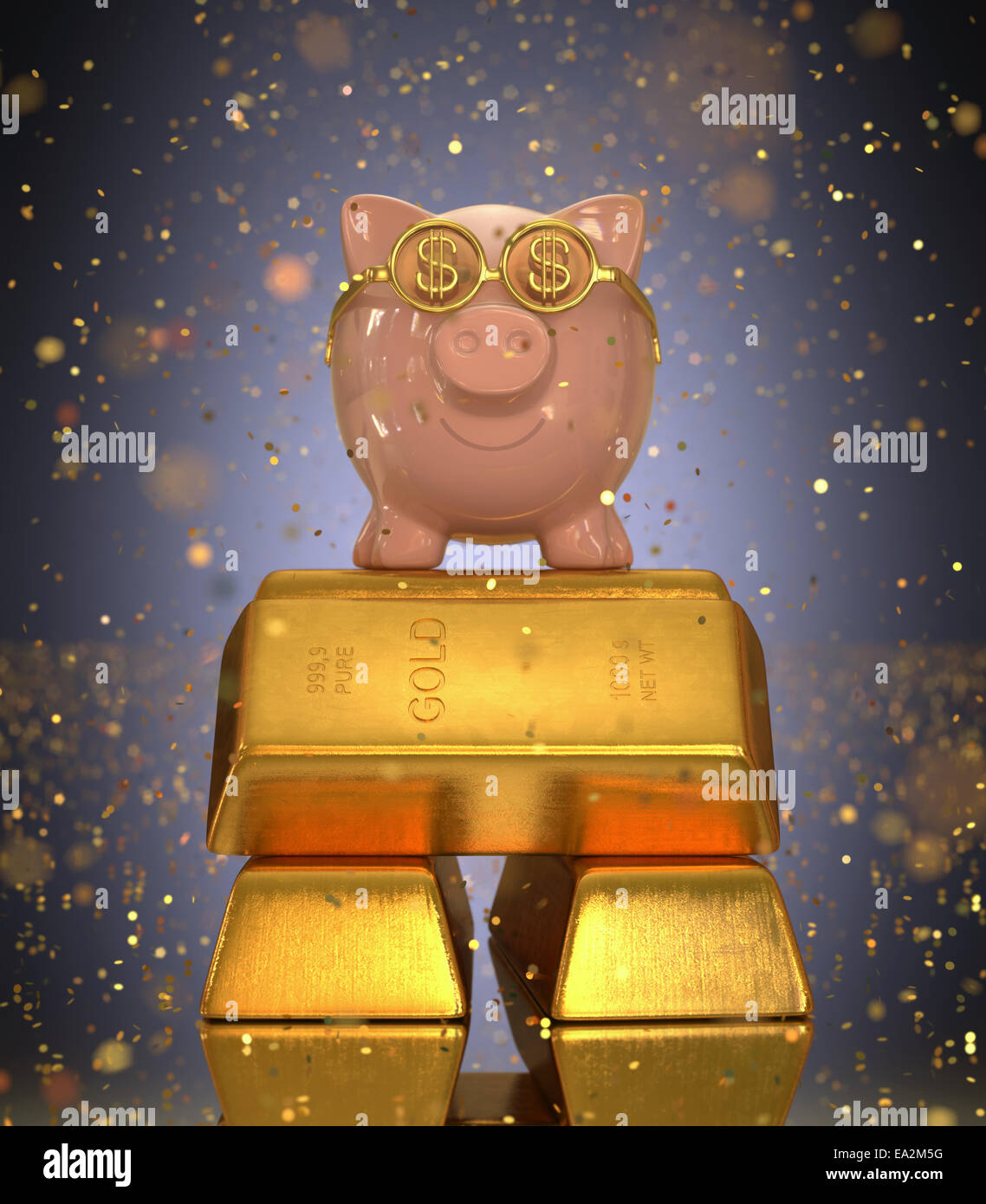 Salvadanaio sulla parte superiore dell'oro Lingotti sotto la pioggia di oro coriandoli. Concetto di successo in termini di risparmio. Foto Stock