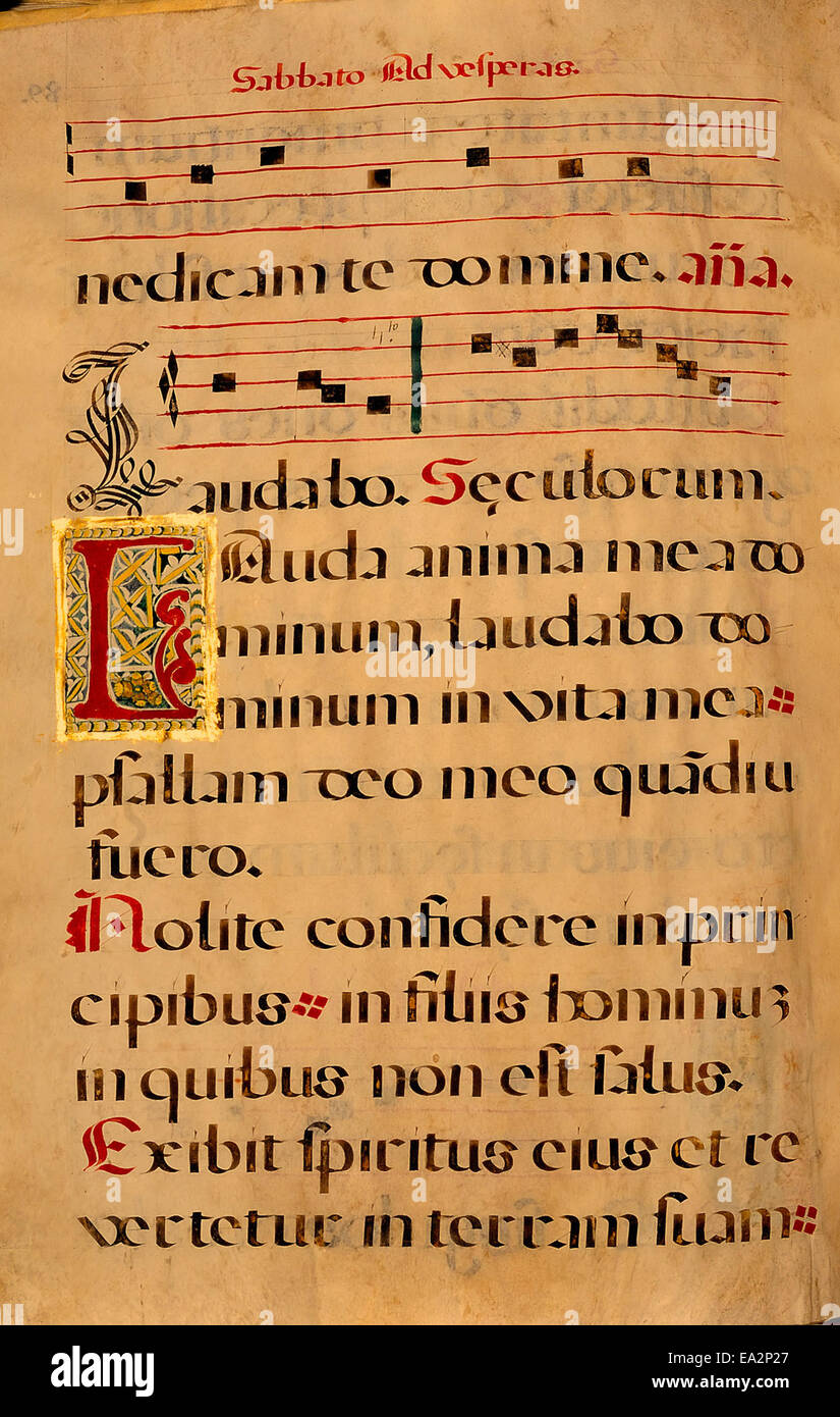 Una pagina di un manoscritto di canto spagnolo, che mostra l'intricato testo scritto a mano e la notazione musicale utilizzata nelle pratiche religiose storiche. Foto Stock