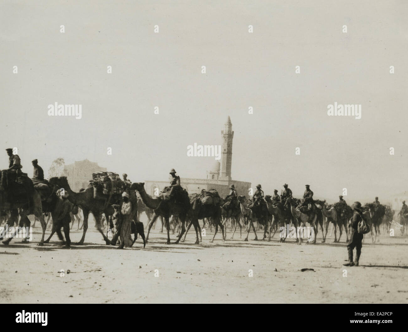 Il 1° novembre 1917, l'Imperial Camel Corps, un'unità militare britannica, marciò verso Beersheba durante la prima guerra mondiale. Questo evento chiave faceva parte della più ampia campagna britannica per catturare la città dall'Impero Ottomano, segnando un momento significativo nella campagna del Sinai e della Palestina. Foto Stock
