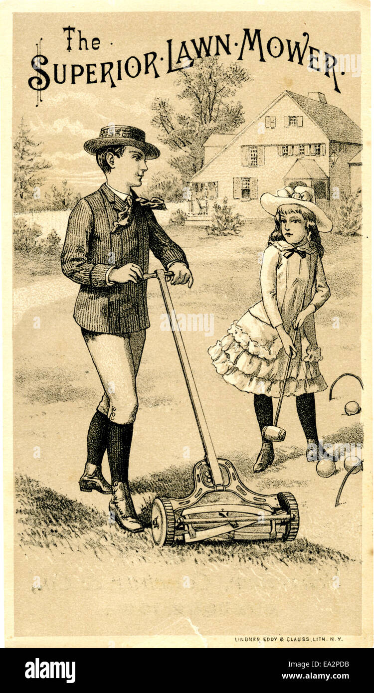 Il "Superior Lawn Mower Croquet" è un'intrigante illustrazione vintage che mostra il rapporto tra la cura del prato e lo sport del croquet. Il pezzo riflette una miscela di svago e innovazione pratica nel design dell'inizio del XX secolo. Foto Stock
