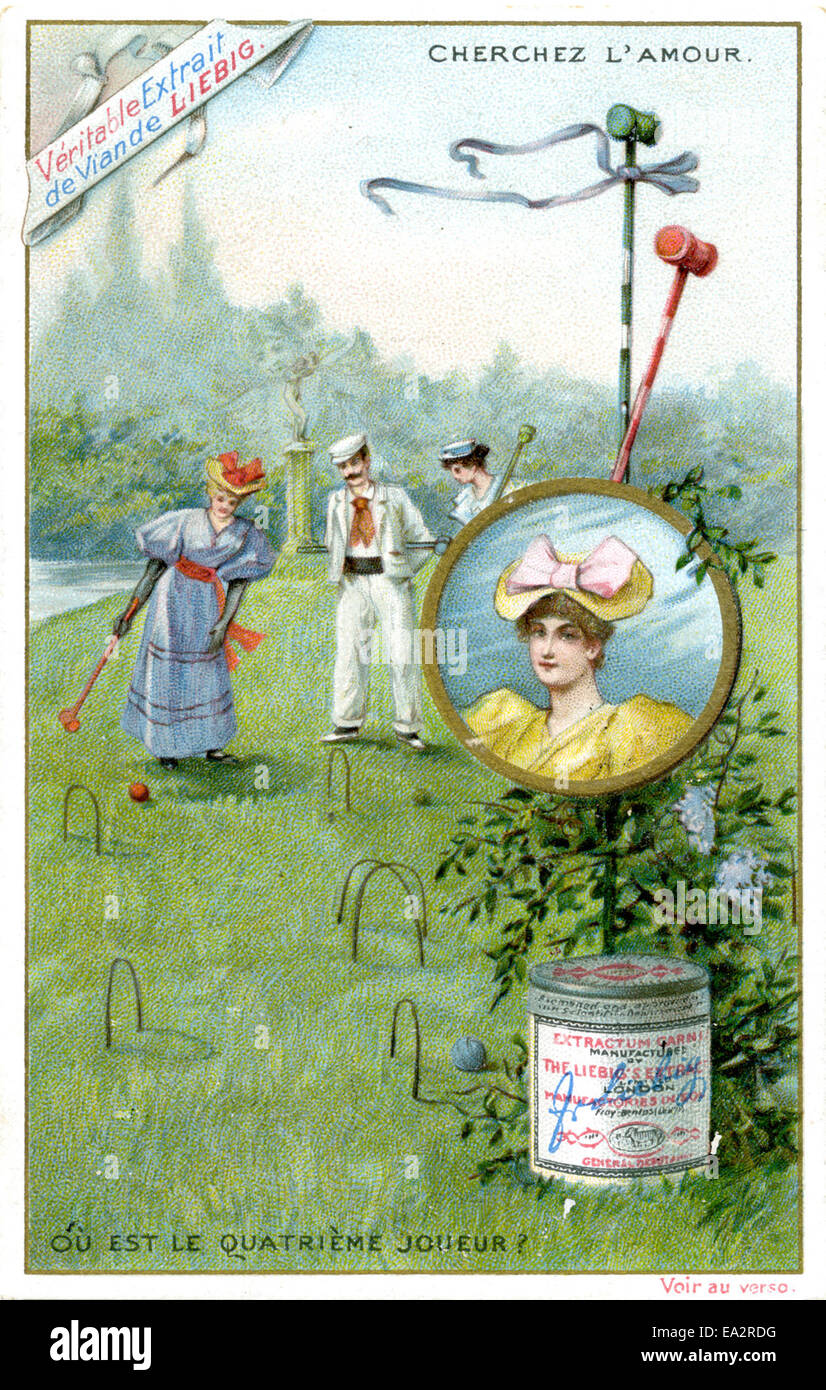 Questo set di cartoline pubblicitarie vintage mostra scene di croquet e tennis, popolari attività di svago tra la fine del XIX e l'inizio del XX secolo. Le carte riflettono le tendenze culturali del tempo, promuovendo articoli sportivi e catturando l'eleganza e l'atmosfera sociale di questi giochi all'aperto. Foto Stock