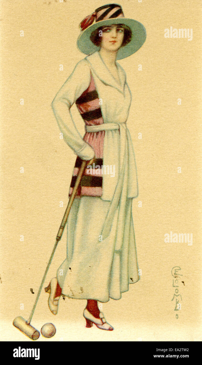 Cartolina italiana raffigurante una donna giocando croquet Foto Stock
