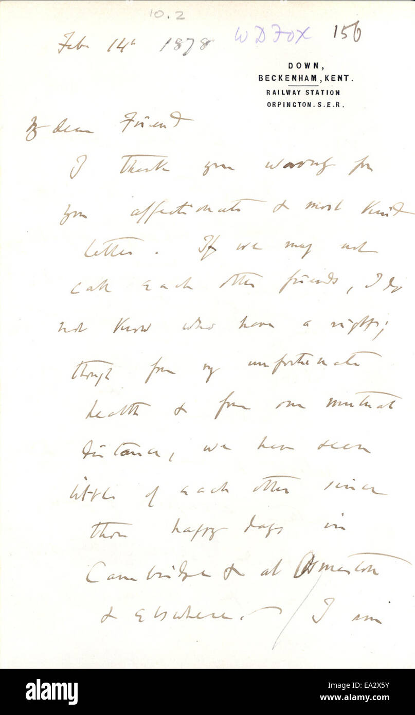 Lettera, Charles R. Darwin a William Fox di Darwin, 14 febbraio 1878 Pagina 1 Foto Stock