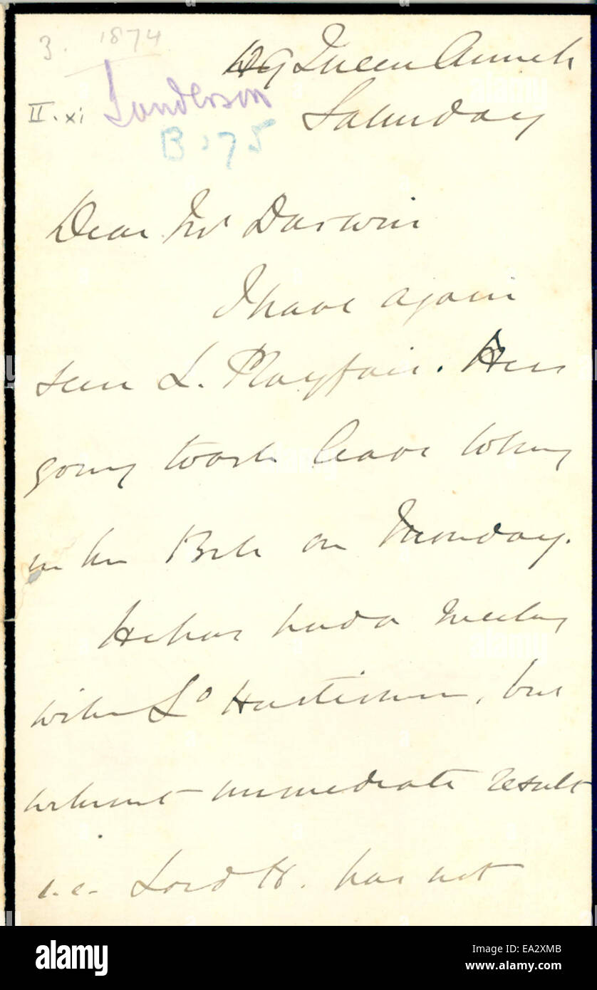 Questa lettera di John Burdon-Sanderson a Charles Darwin, datata 8 maggio 1875, fa parte di una corrispondenza storica tra due eminenti scienziati. Fornisce informazioni sulle discussioni scientifiche del tempo, in particolare nei campi della fisiologia e della biologia evolutiva. Foto Stock