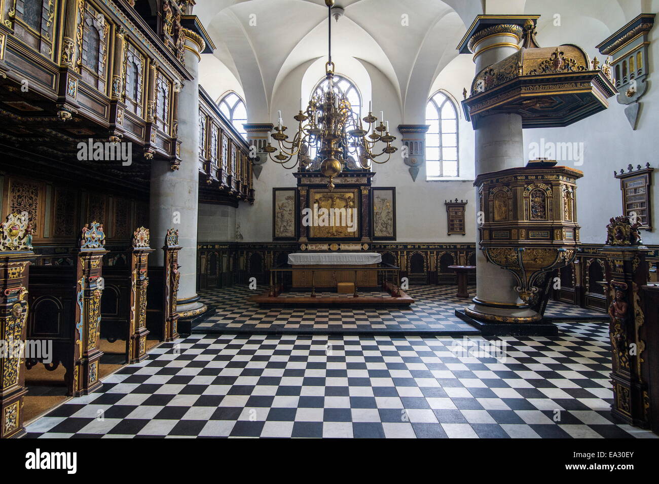 Cappella all interno Kronborg castello rinascimentale, Sito Patrimonio Mondiale dell'UNESCO, Helsingor, Danimarca, Scandinavia, Europa Foto Stock
