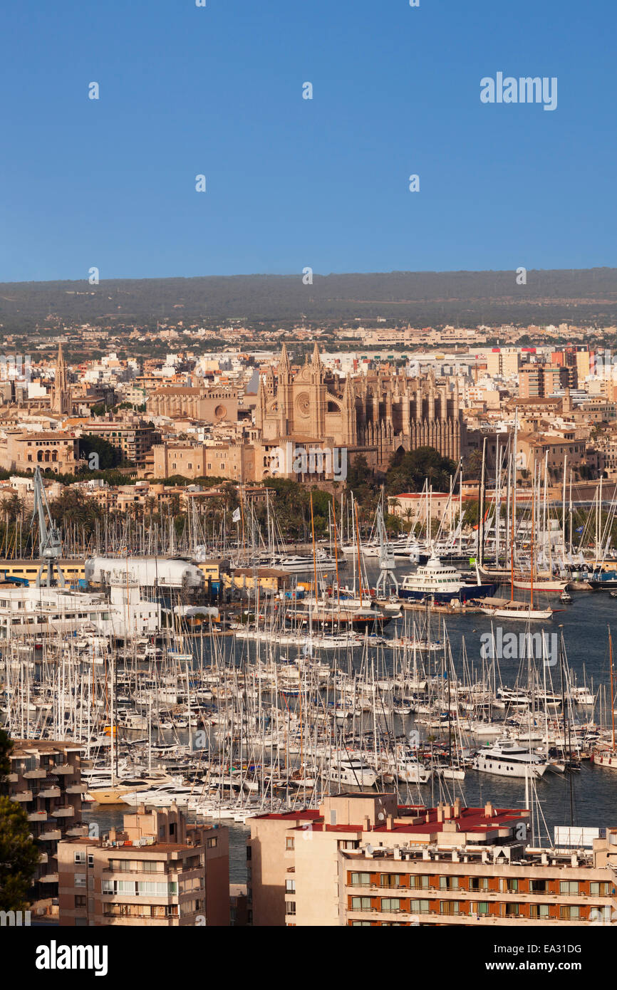 Vista su Palma de Mallorca con la Cattedrale di Santa Maria di Palma e Palazzo Almudaina, Maiorca, Spagna, Mediterranea Foto Stock