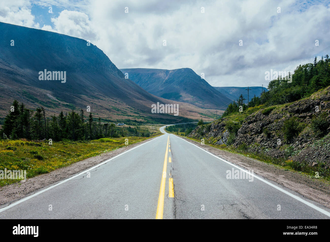 Dritto Bonne Bay Road sul braccio orientale del Parco Nazionale Gros Morne, sito UNESCO, Terranova, Canada, America del Nord Foto Stock