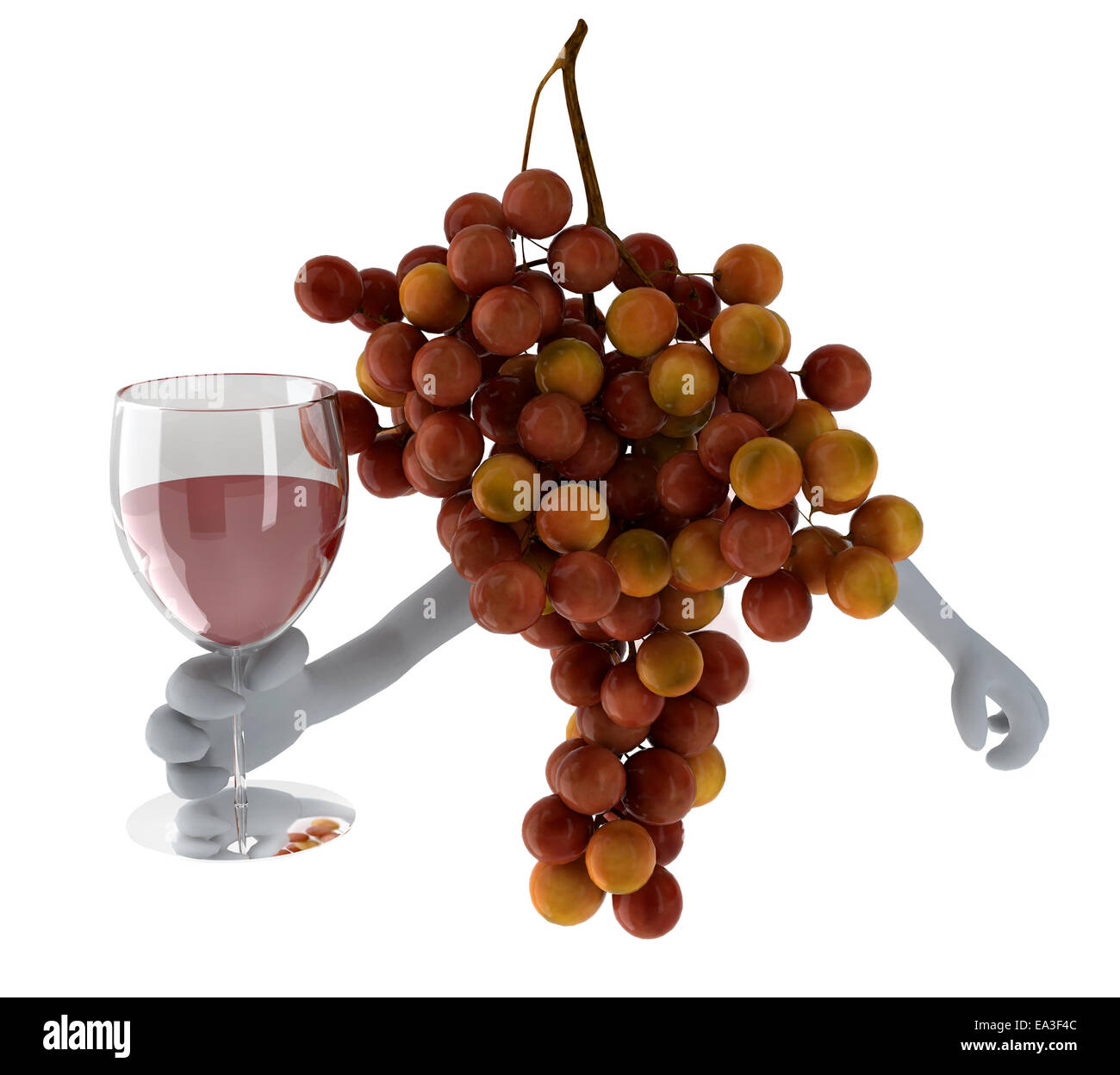 Le uve con bracci e un bicchiere di vino in mano, 3d illustrazione Foto Stock