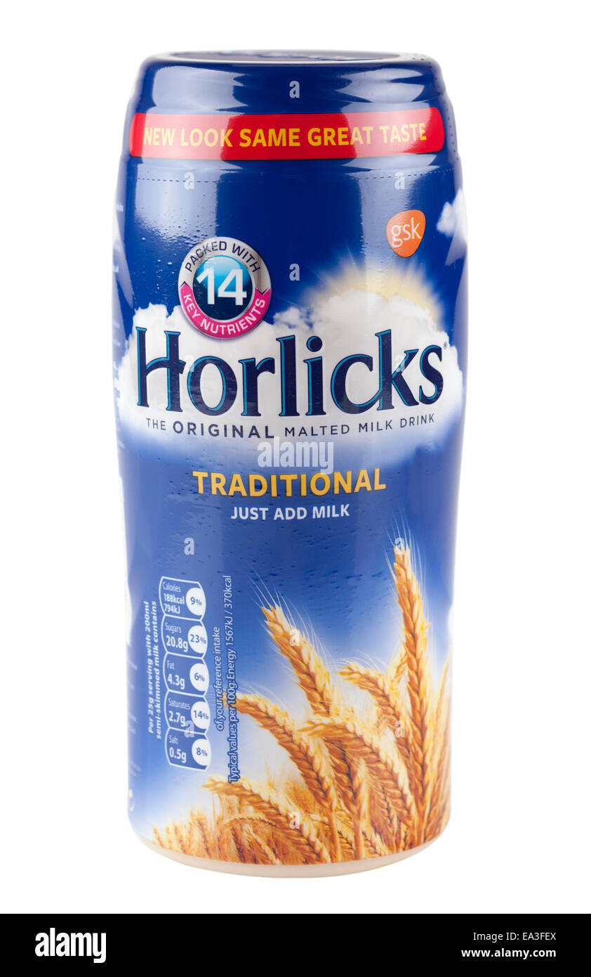 Horlicks tradizionali di latte al malto in contenitore per bevande Foto Stock