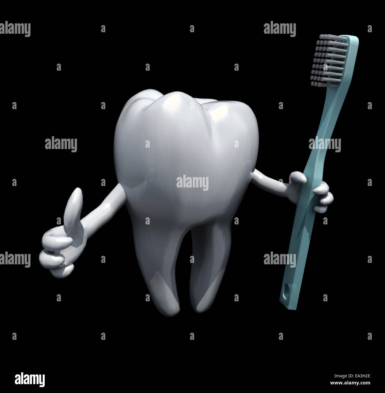 3D fumetto dente tenendo uno spazzolino da denti isolare su sfondo nero Foto Stock