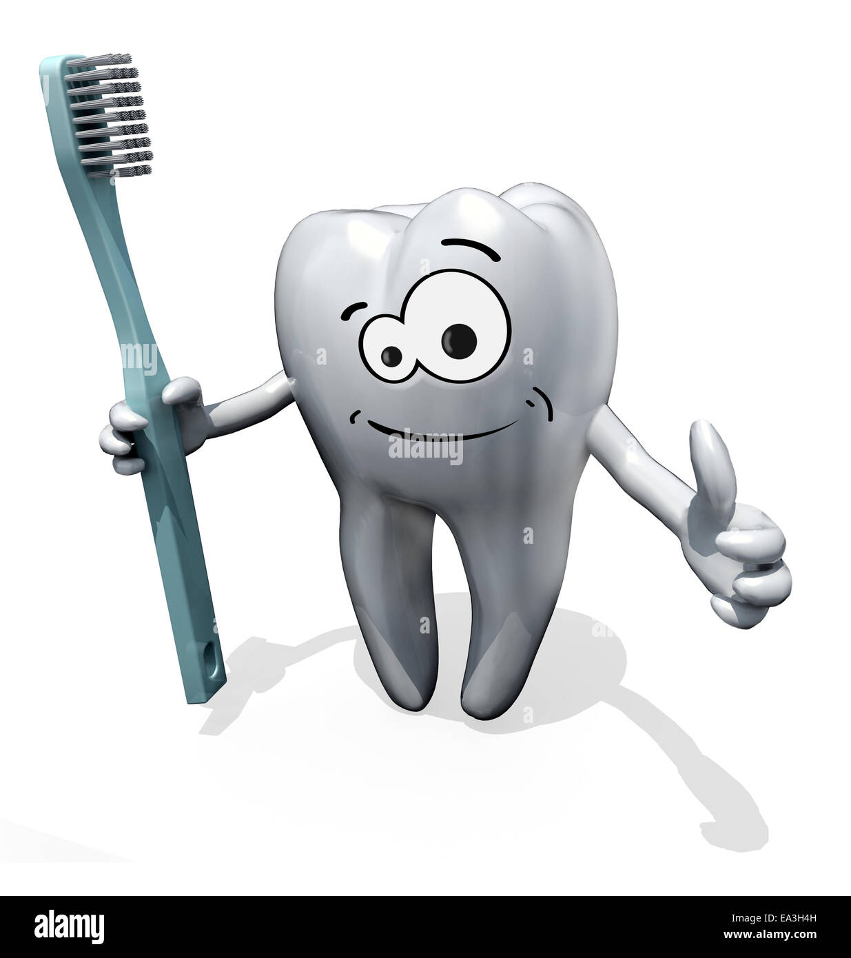 3D fumetto dente tenendo uno spazzolino da denti isolare su sfondo bianco Foto Stock