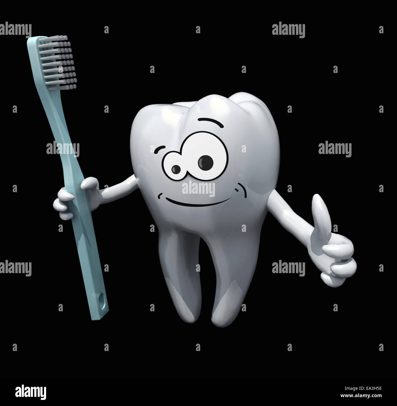 3D fumetto dente tenendo uno spazzolino da denti isolare su sfondo nero Foto Stock