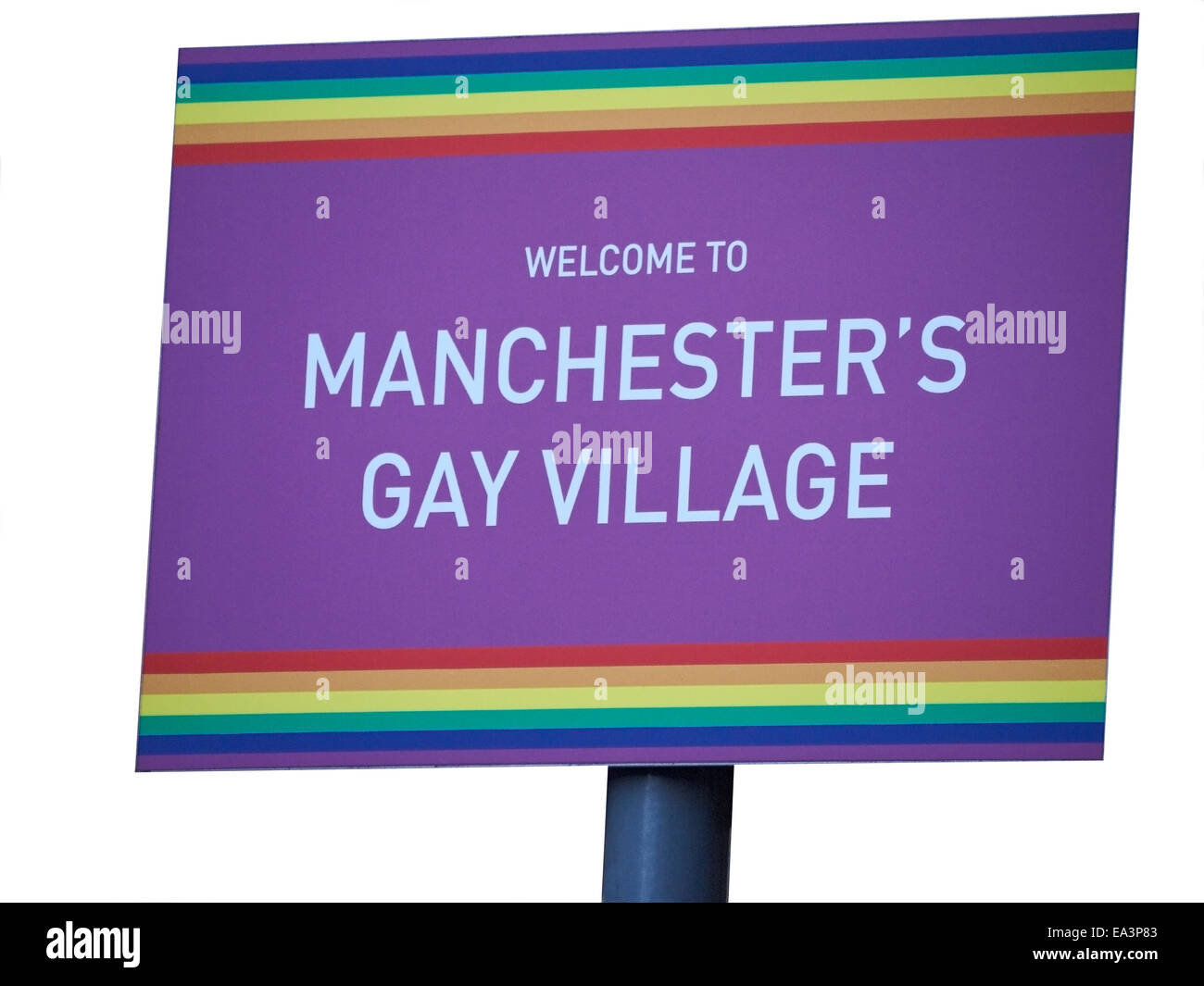 Benvenuti a Manchester il villaggio gay segno su Princess Street Manchester REGNO UNITO Foto Stock