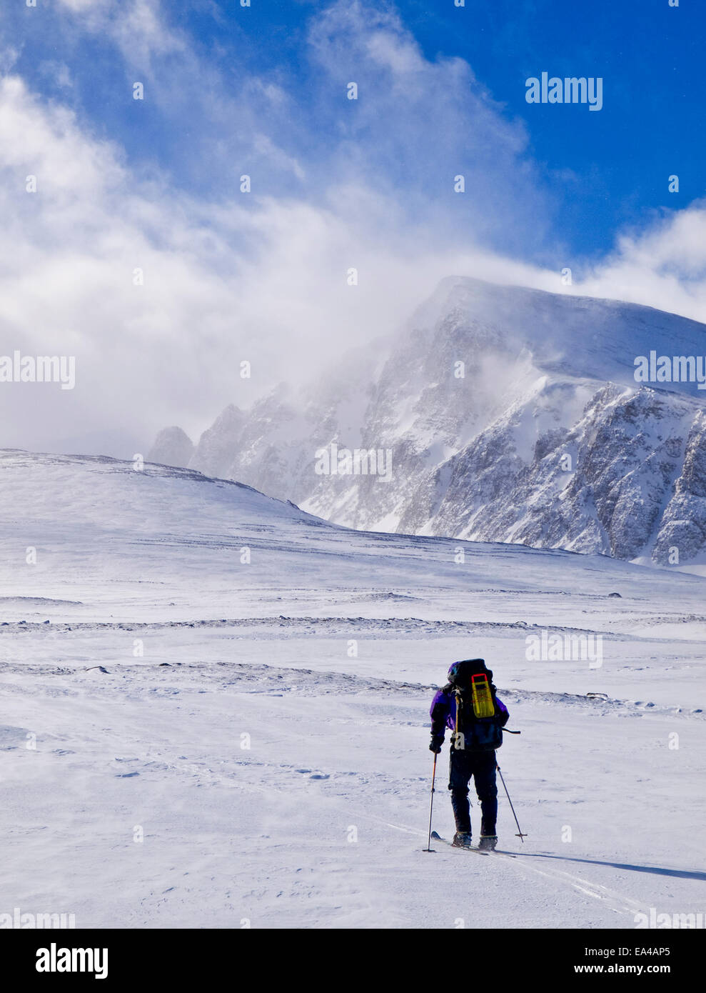 Sciatore maschio Sci touring in Rondane mountians, Norvegia Foto Stock