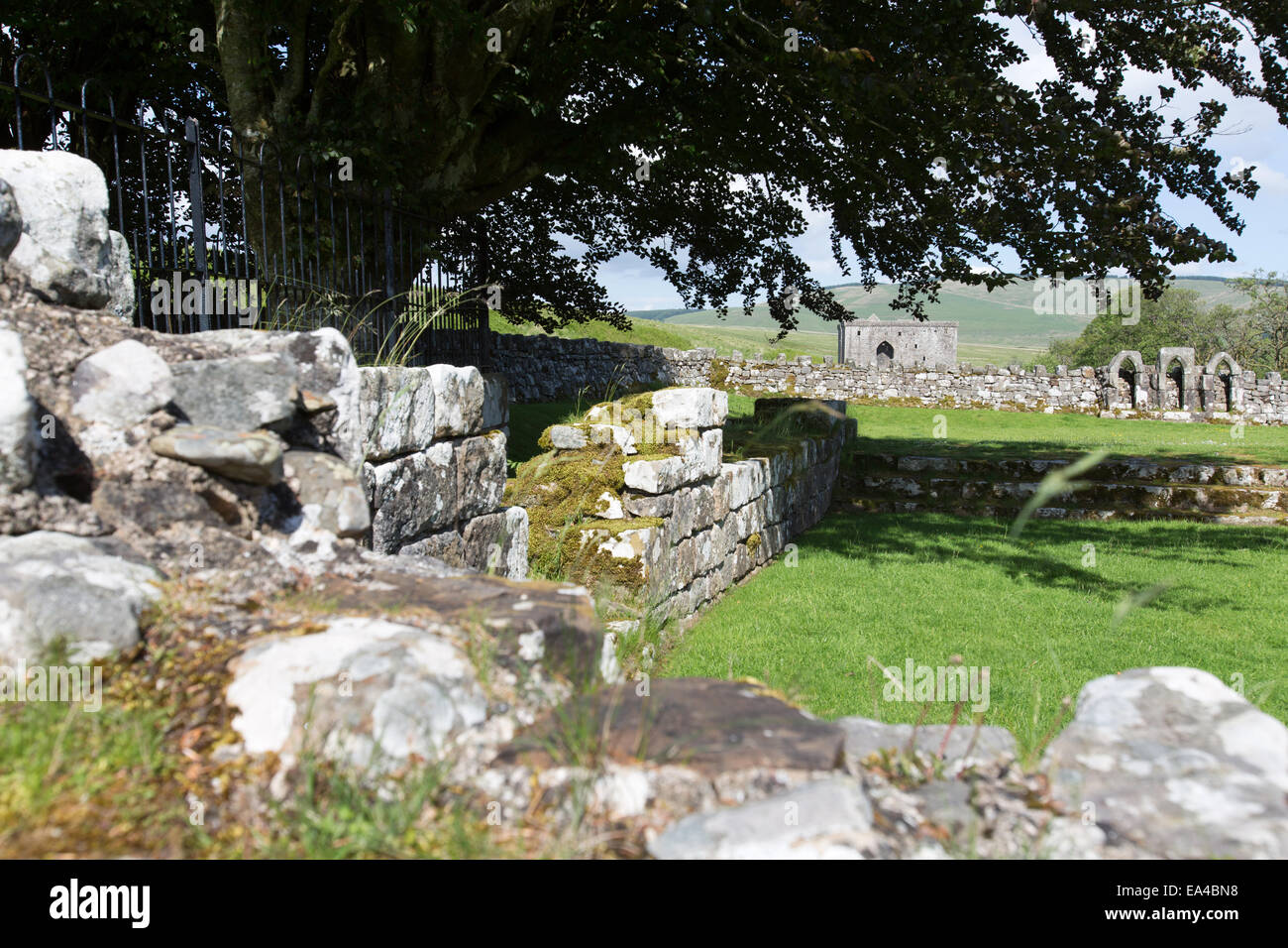 Hermitage Castello, Scozia. Rovinato resti della cappella Eremo di motivi e cimitero, con il castello di Hermitage in background. Foto Stock