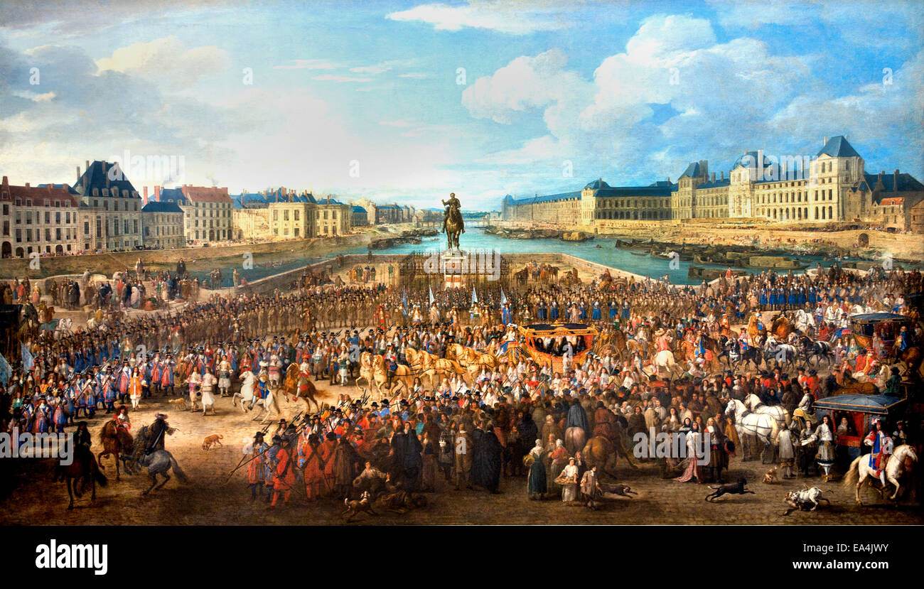 Luigi XIV - Re Sole 1638 - 1690 Francia attraversando il Pont Neuf da Adam Frans van der Meulen 1632 -1690 fiamminghi belgi barocco Foto Stock