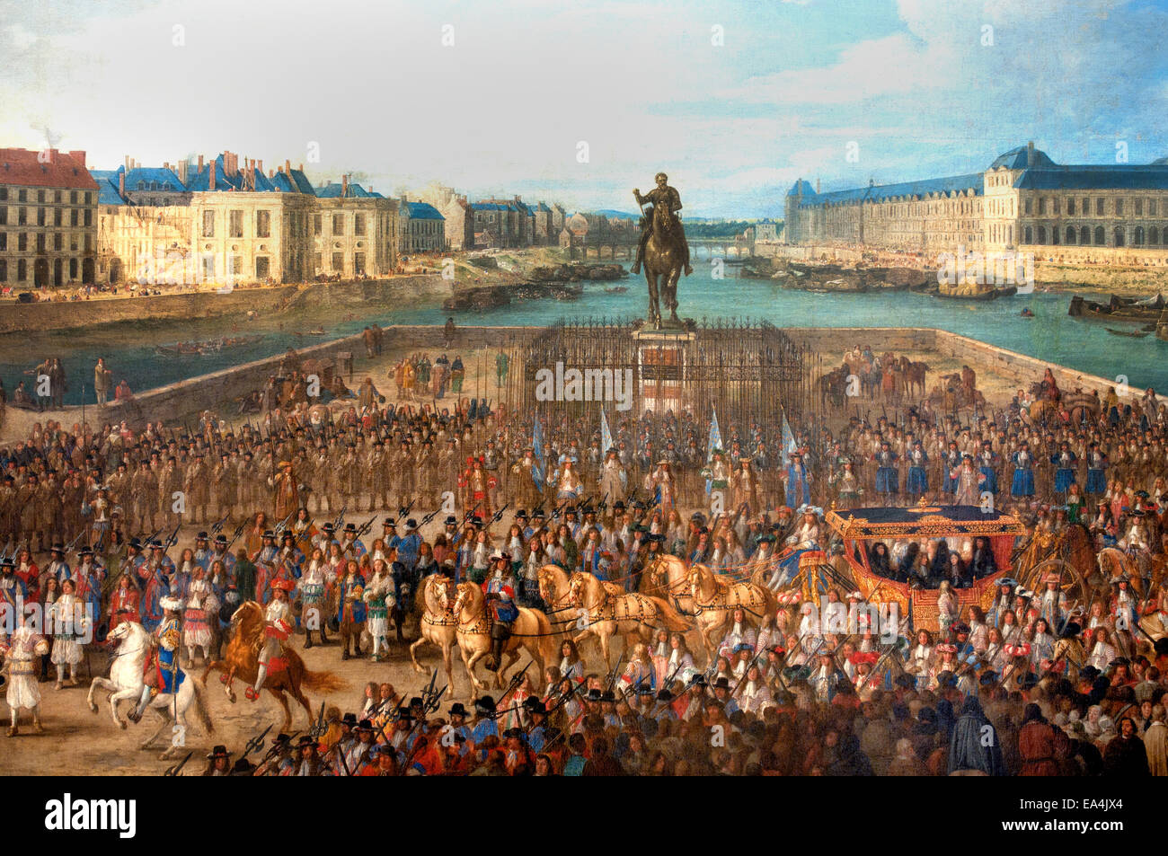 Luigi XIV - Re Sole 1638 - 1690 Francia attraversando il Pont Neuf da Adam Frans van der Meulen 1632 -1690 fiamminghi belgi barocco Foto Stock
