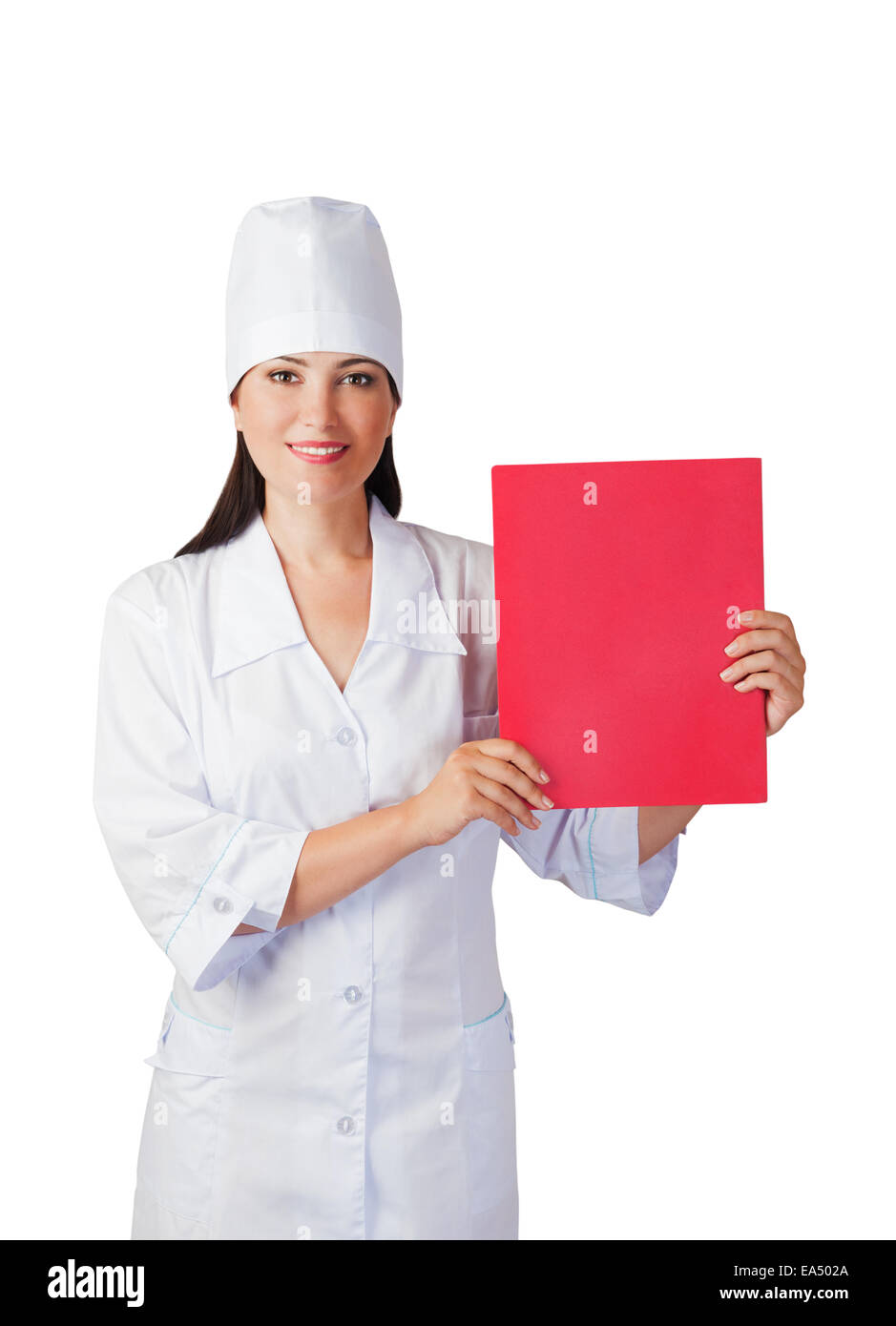 Donne medico con foglio di carta bianco isolato su sfondo bianco Foto Stock