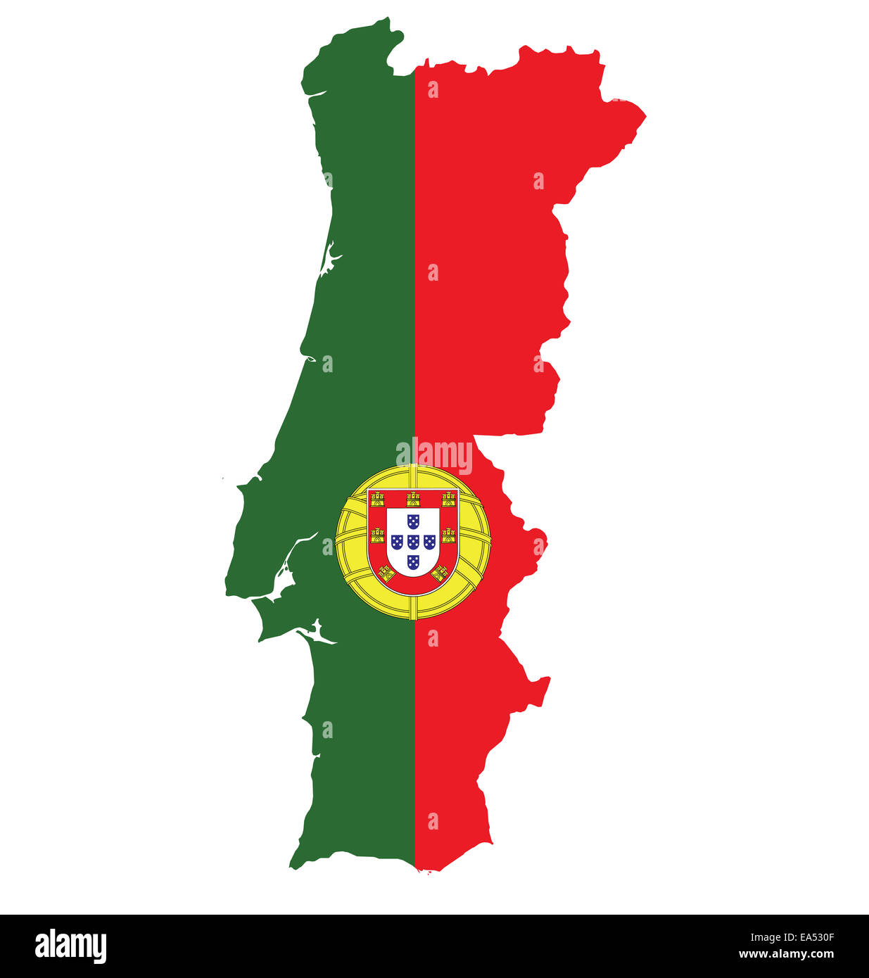 Bandiera e stemma della Repubblica portoghese sovrapposto su dettagliata mappa di contorno Foto Stock