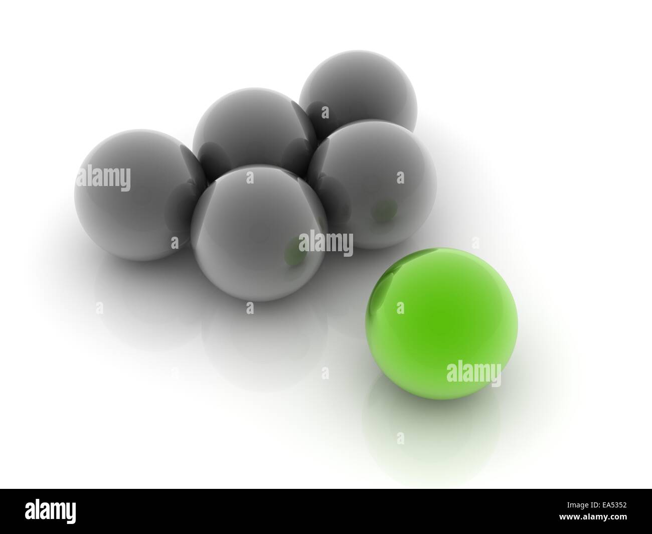 Una sfera verde posto observably in un gruppo di sfere di colore grigio. Foto Stock
