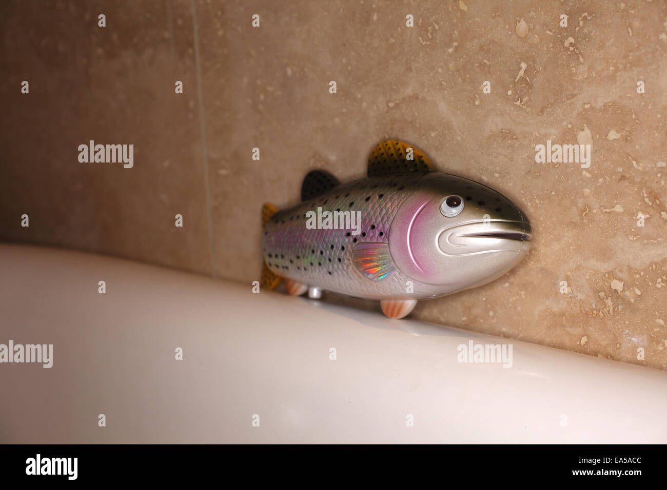 Giocattolo di pesce sul lato di una vasca da bagno Foto Stock