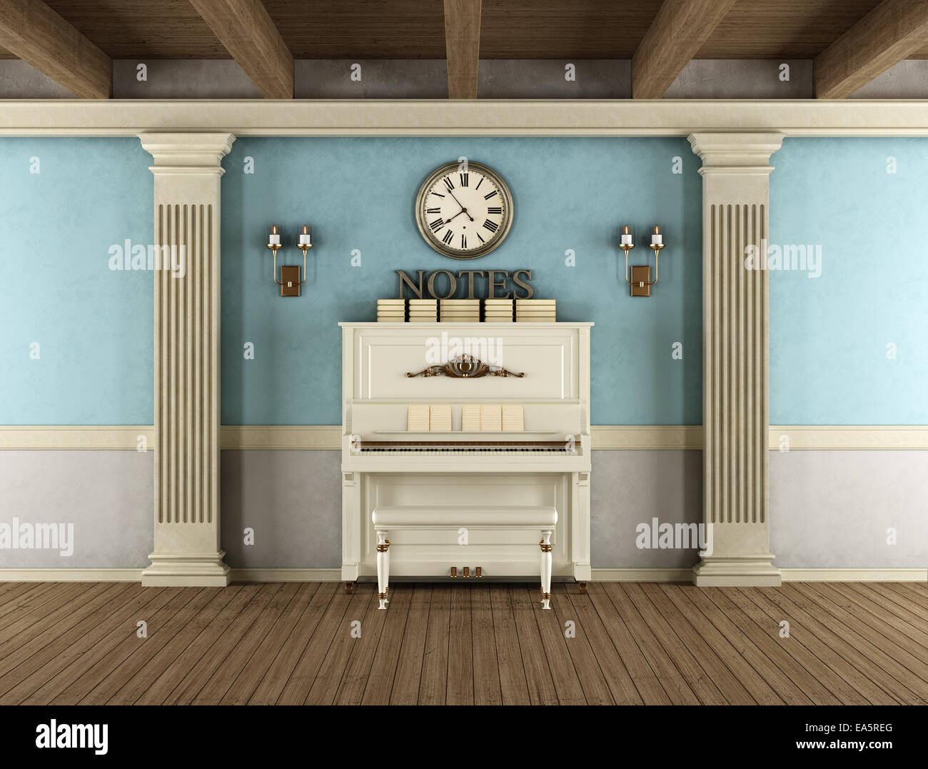 Vintage interno con pianoforte verticale, lesena in pietra e soffitto in legno Foto Stock