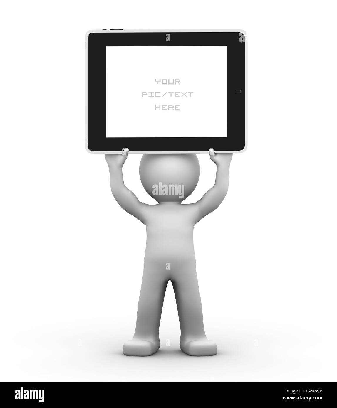 3D carattere tenendo un vuoto di tablet pc. Il concetto di pubblicità. Isolato Foto Stock