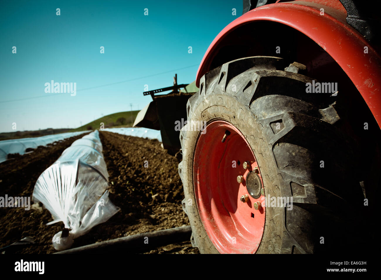 Il trattore sul terreno coltivato Foto Stock
