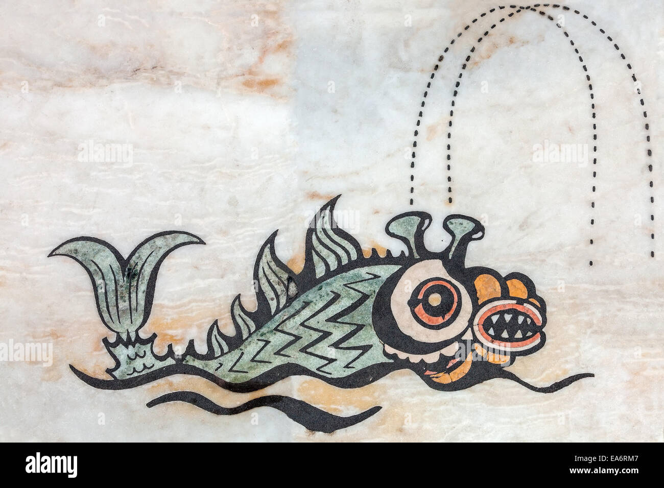 Mare mitologica creatura decorare la mappa del mondo al Padrao dos Descobrimentos, un monumento alle scoperte in Belem, Lisbo Foto Stock