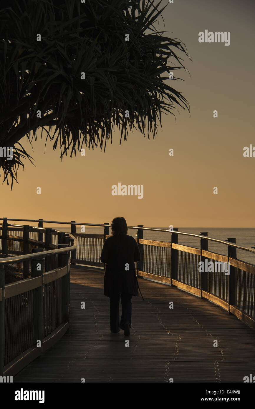 Camminando su una spianata al bordo dell'acqua al tramonto con silhouette di Palm tree; Caloundra, Queensland, Australia Foto Stock