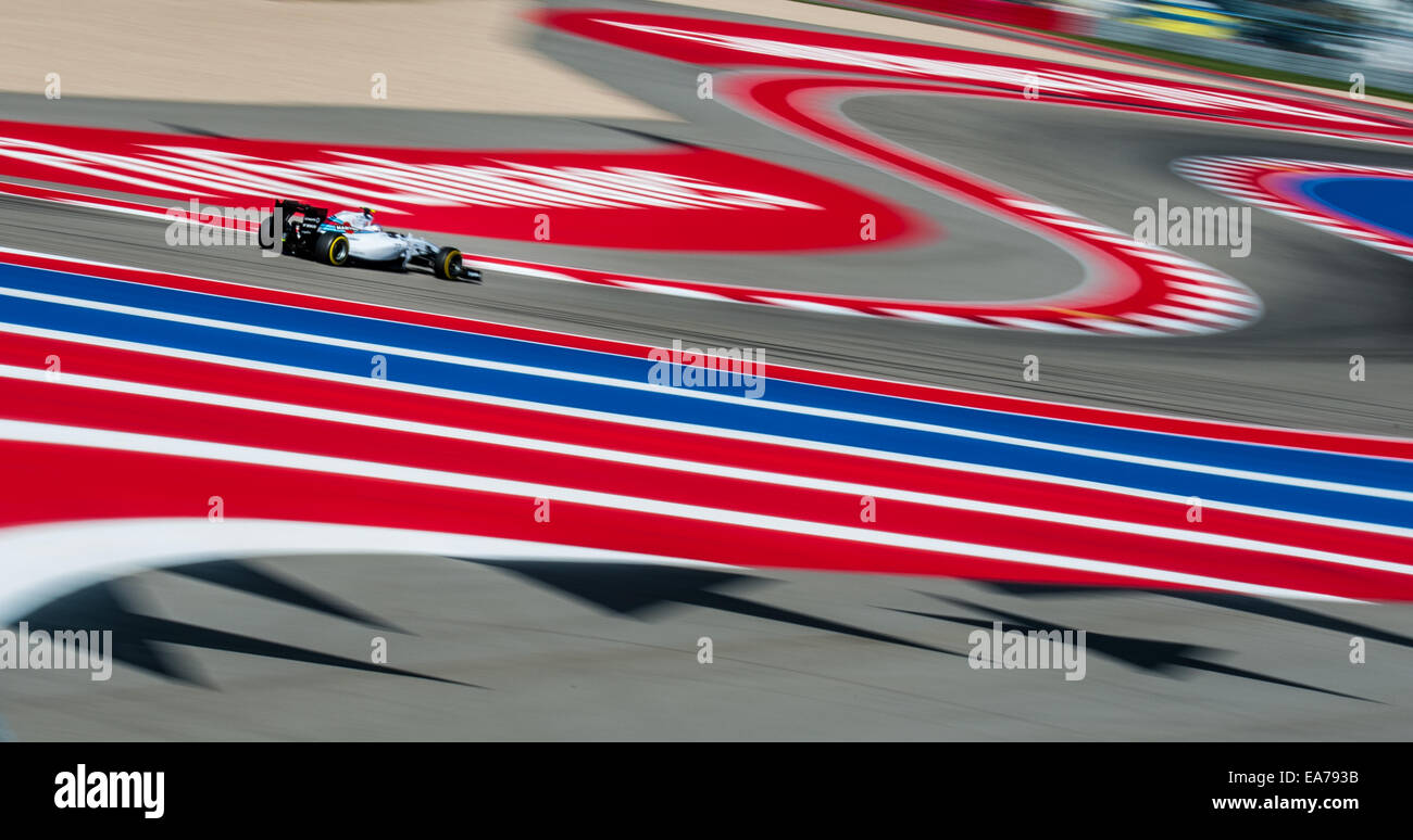 Valtteri Bottas di Williams Martini Racing negozia il S-curve presso il circuito delle Americhe prima del 2014 US Grand Prix. Foto Stock