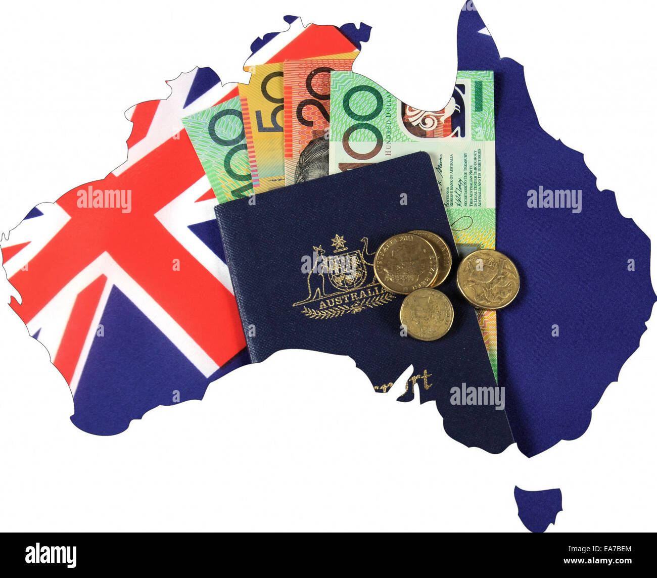 Mappa di Australia con bandiera australiana, Passaporto e denaro contante dollar banconote e monete. Foto Stock