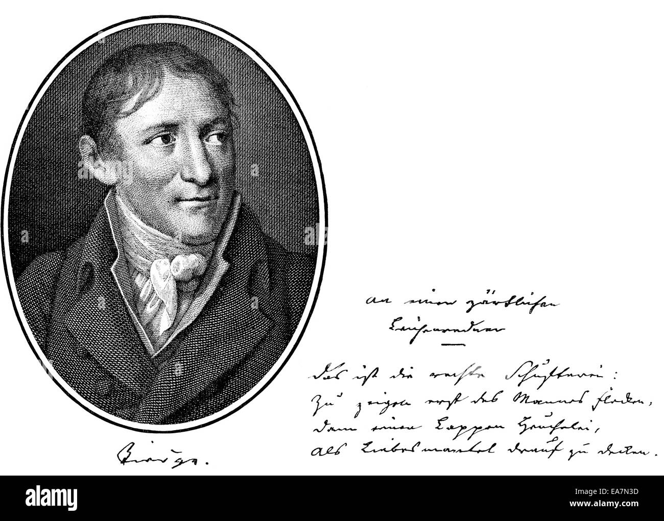 Ritratto storico e il manoscritto di Christoph August Tiedge, 1752-1841, poeta tedesco, Portait und hstorische Handschrift von Chri Foto Stock