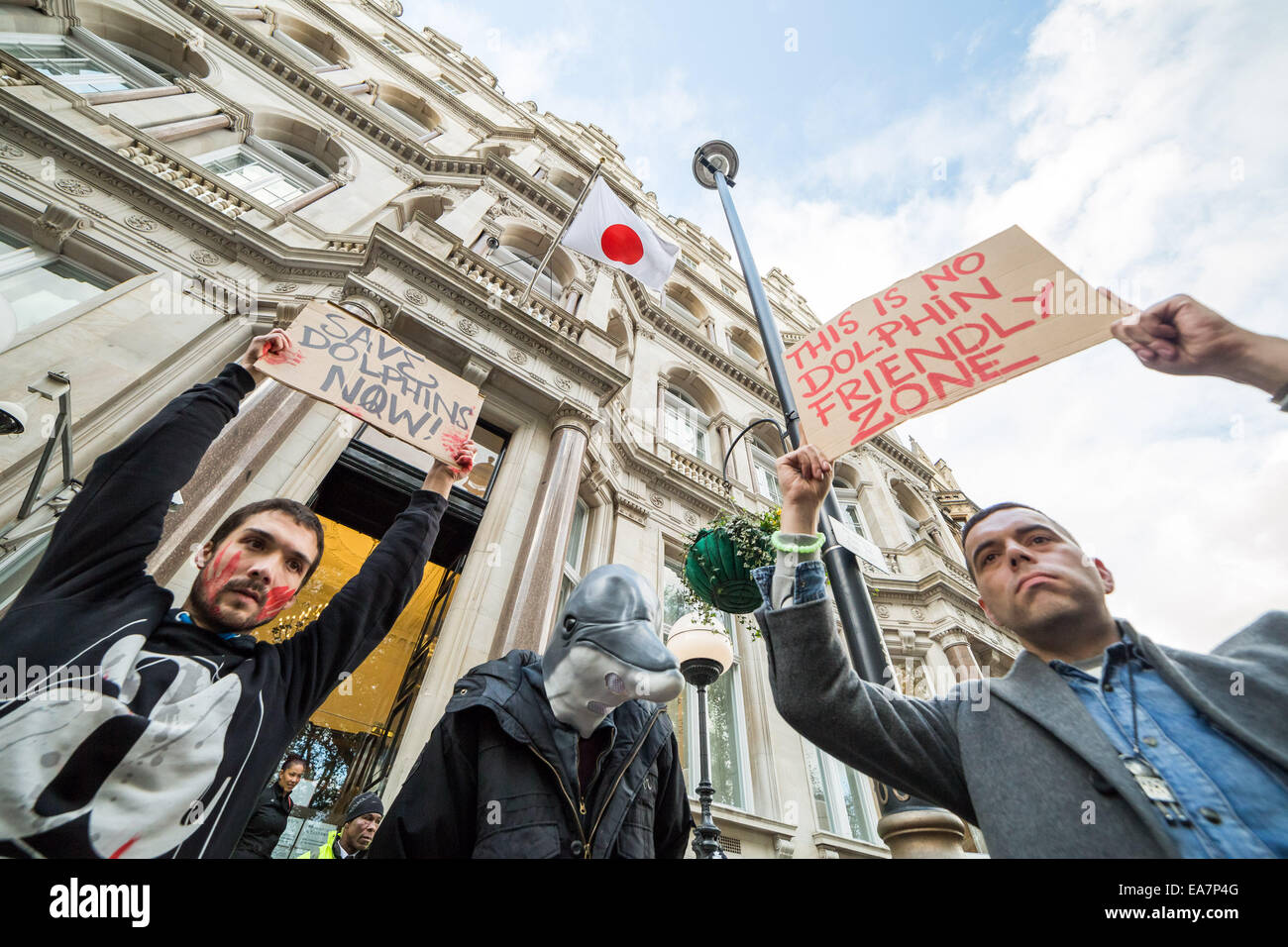 Londra, Regno Unito. 7 Nov, 2014. Protesta contro il Taiji Dolphin macellazione al di fuori dell Ambasciata Giapponese Credit: Guy Corbishley/Alamy Live News Foto Stock