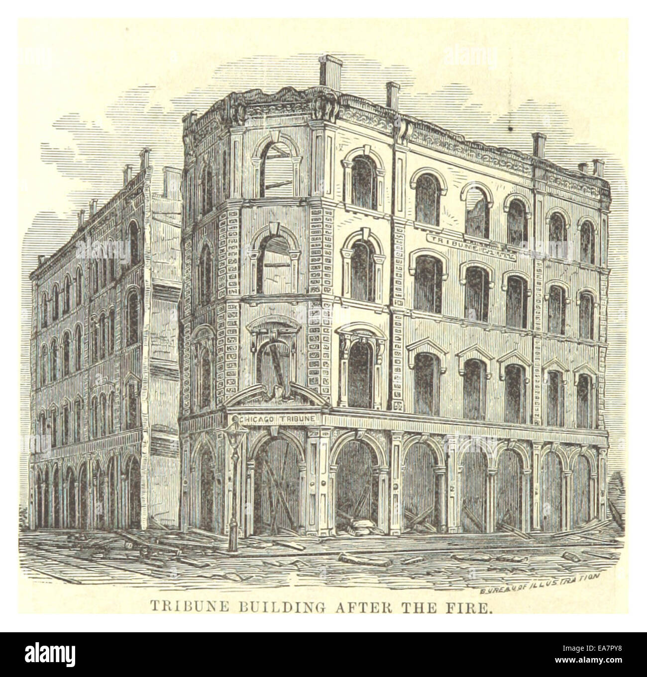 Un'illustrazione del 1871 di Colbert che mostra il Tribune Block a Chicago dopo che è stato danneggiato da un incendio. L'immagine raffigura le conseguenze del disastro, con particolare attenzione ai danni strutturali all'edificio. Foto Stock