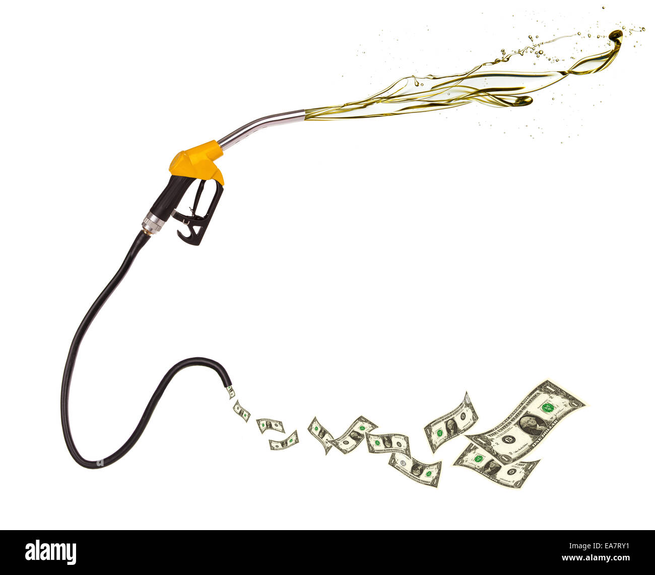 Concetto di banconote di dollari e schizzi di benzina fuori della pistola, isolati su sfondo bianco Foto Stock