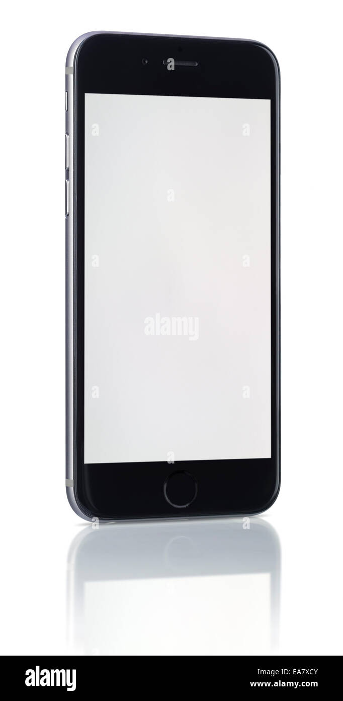 Nuovo Smartphone con schermo bianco su sfondo bianco Foto Stock