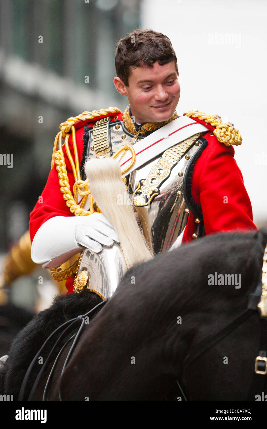 Londra, Regno Unito. 8 Novembre, 2014. Sorridente soldato a cavallo durante il signore sindaco di processione. Credito: Dave Stevenson/Alamy Live News Foto Stock