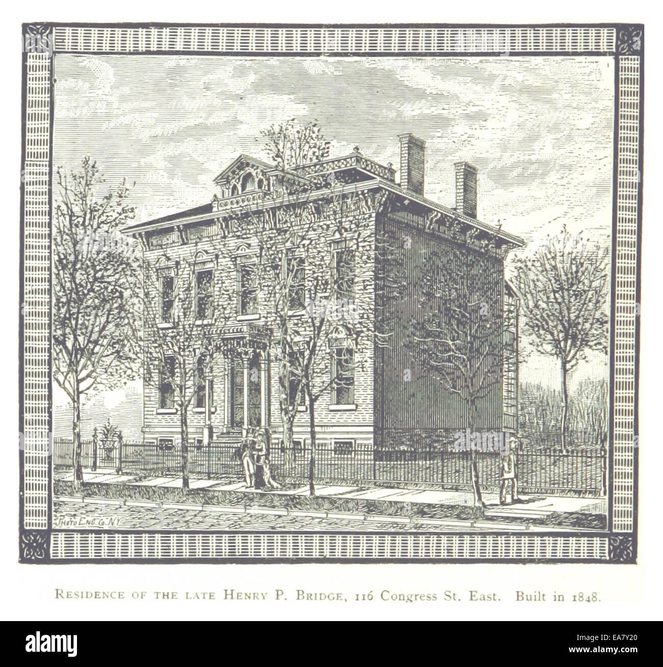 Un'illustrazione del 1884 di Farmer raffigurante la residenza di Henry P. Bridge, situata al 116 di Congress St. East a Detroit. Costruita nel 1848, questa residenza storica rappresenta l'architettura di Detroit del XIX secolo e lo stile di vita dell'epoca, evidenziandone il design originale e il significato. Foto Stock
