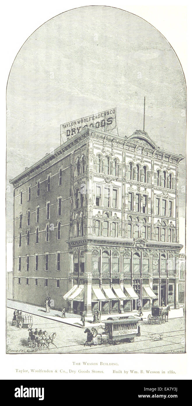 Il Wesson Building di Detroit, costruito nel 1880 da William B. Wesson, ospitava il negozio di articoli secchi Taylor, Woolfenden & Co. Questo edificio storico, raffigurato in FARMER (1884), p518, rappresenta una significativa storia architettonica e commerciale dell'epoca. Foto Stock