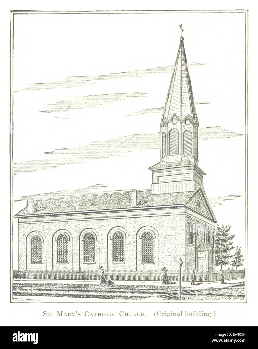 Una rappresentazione dell'opera di Farmer del 1884 che mostra la Chiesa cattolica tedesca di St. Mary a Detroit. La chiesa è un importante punto di riferimento religioso e storico, che riflette la presenza della comunità tedesco-americana nella città durante il XIX secolo. Foto Stock