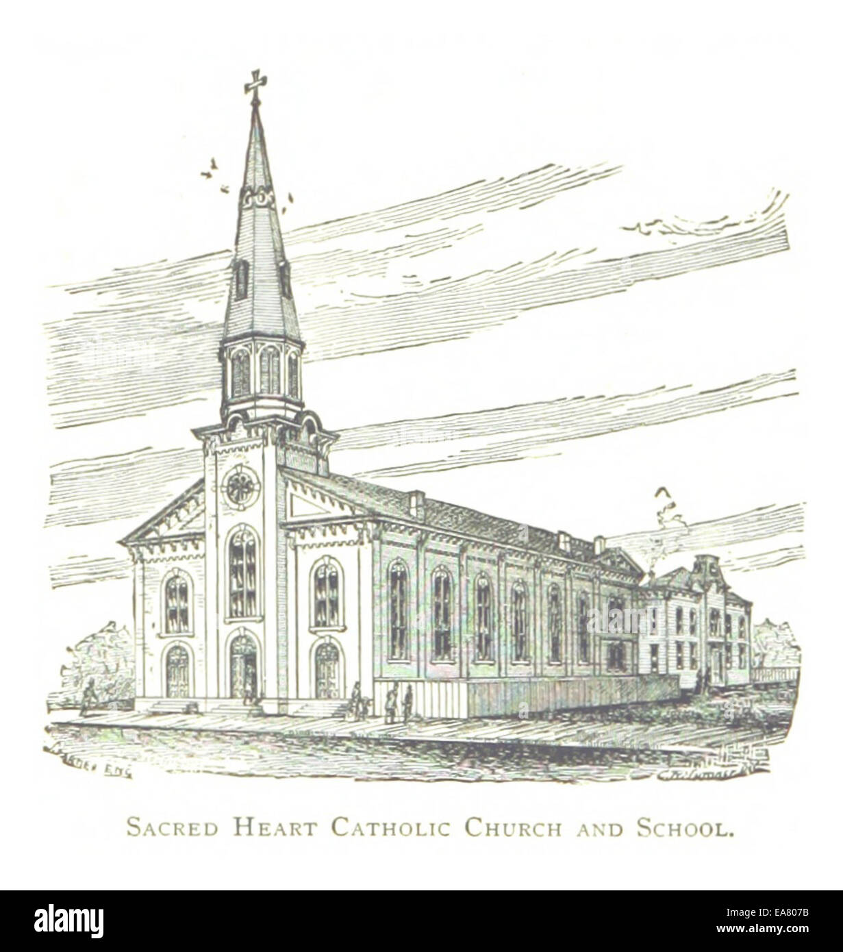 Un'illustrazione del 1884 di Farmer raffigurante la Chiesa e la Scuola cattolica tedesca del Sacro cuore a Detroit, che mostra l'architettura e il ruolo educativo di questa istituzione nella comunità cattolica tedesca della città. Foto Stock